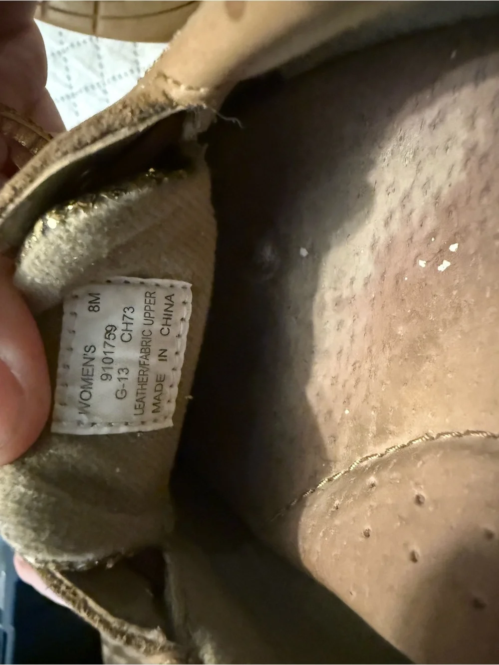 Sperry Tan Leather Moccasin Boat Shoes with Gold Glitter Panels - Women's